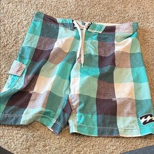 Billabong Teal and White Plaid Men’s Hybrid Swim Trunks